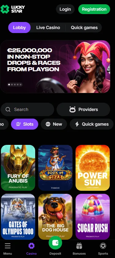 Lucky Star Casino games interface on a mobile device