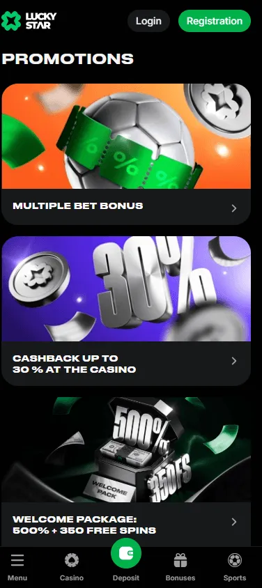 Lucky Star Casino promotions interface on a mobile device