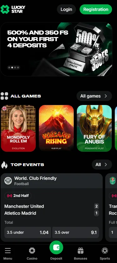 Lucky Star Casino home interface on a mobile device