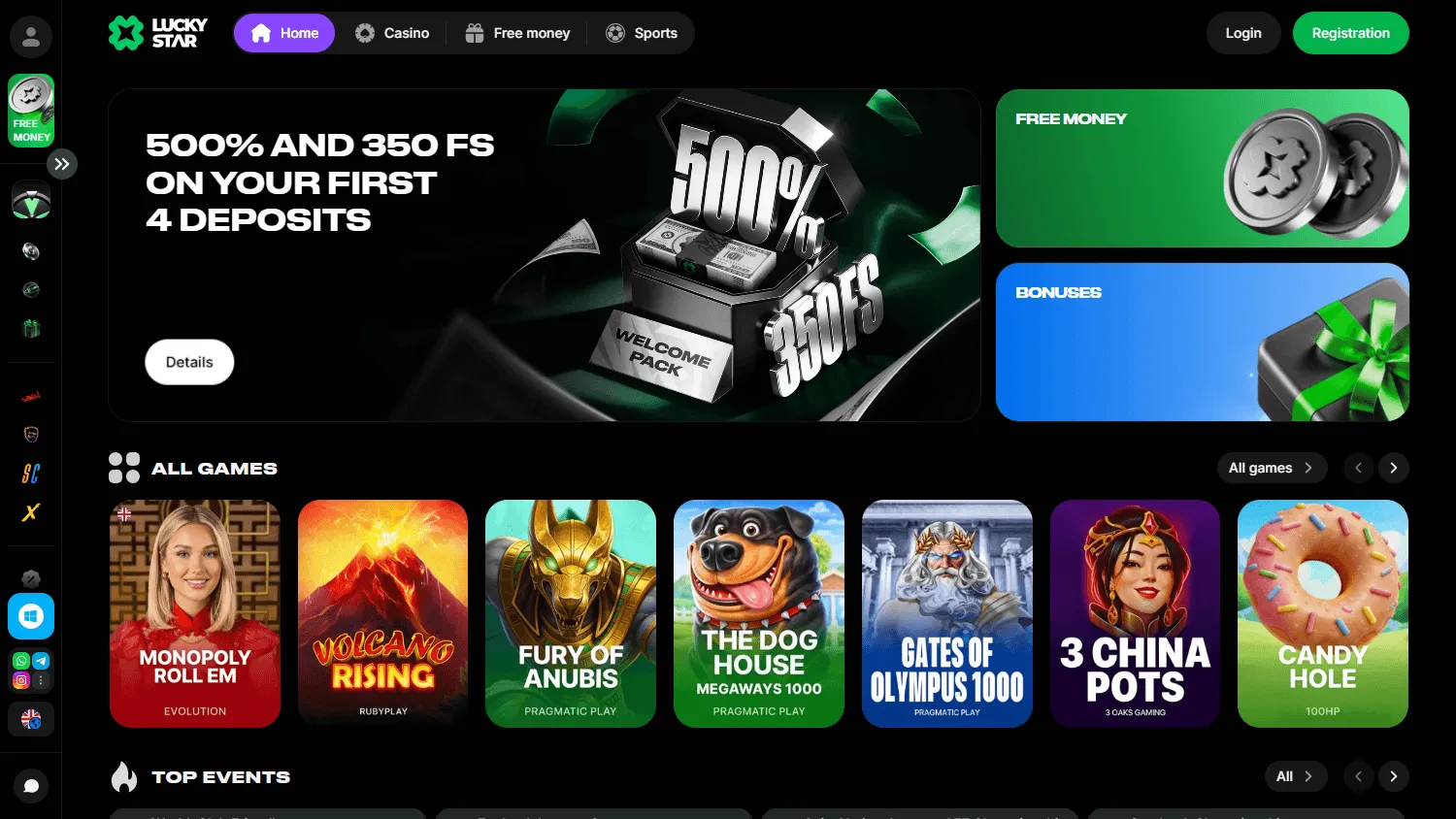 Lucky Star Casino home interface on a desktop computer